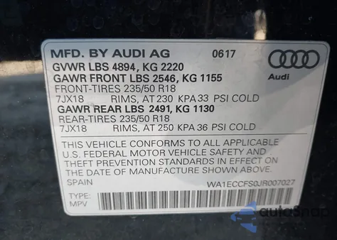 2018 Audi Q3 2.0T Premium/2.0T Sport Premium z USA, uszkodzony, nr VIN WA1ECCFS0JR007027